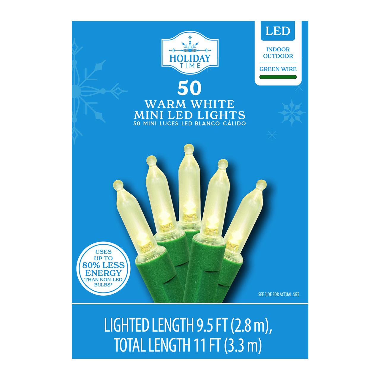 50-Count Warm White LED Mini Christmas Lights with Green Wire, 11', Holiday Time