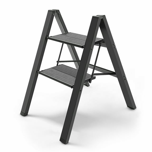 Foldable 2-Step Ladder, Heavy Duty Aluminum Alloy Frame Folding Ladders 2 Step, Load Bearing 330lb, Anti-Skid Feet Cover