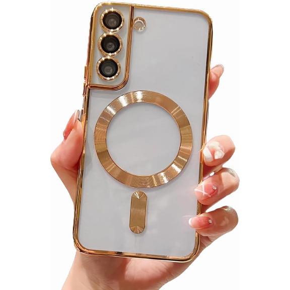 Compatible with Samsung Galaxy S21 Magnetic Phone Case,Compatible with Magsafe Luxury Plating Cute Clear Case Women Candy Color Edge Soft Silicone Shockproof Bumper Cover (Gold)