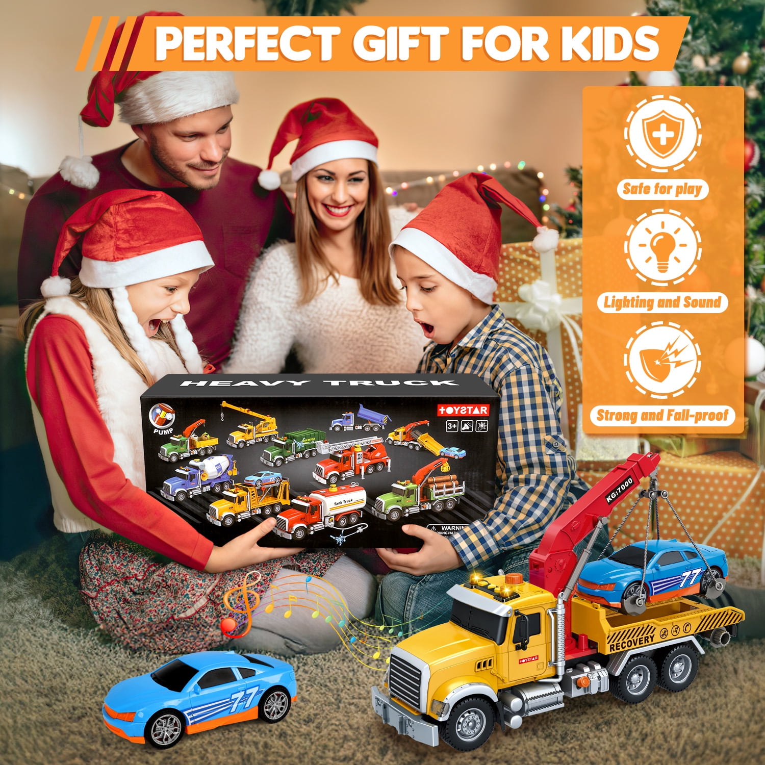 Huge Wave Kids Tow Truck Toys, 15" Large Toddler Car Toys, Transport Truck Crane with Roadster, Lights and Sounds, Birthday Gifts for Boys 3-6 Years