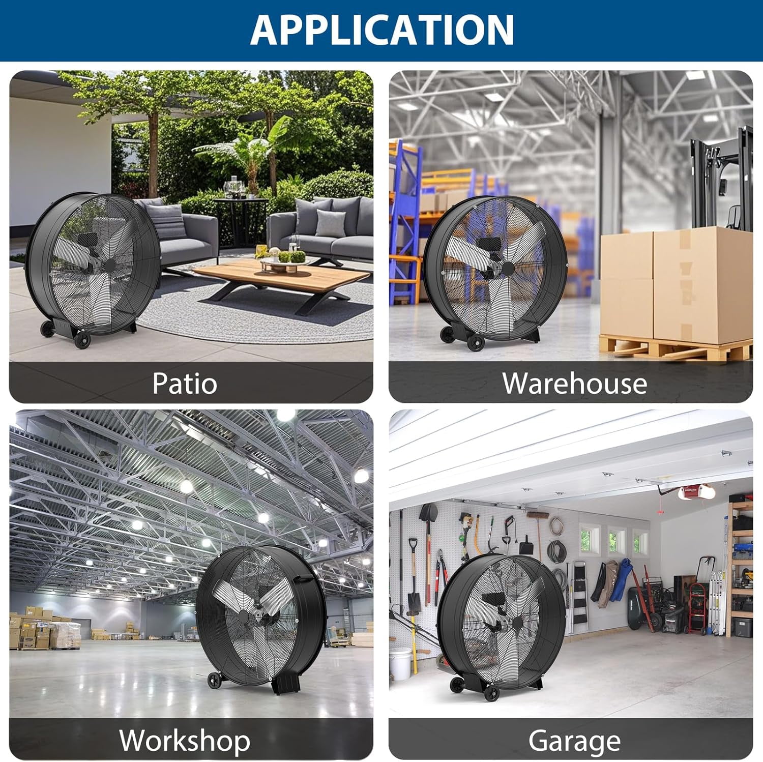 Mescukay 30 inch Industrial Drum Fan, 330W High Velocity Floor Fan, 3 Speed Heavy Duty Metal Fan with Casters Handle, Powerful Motor Air Circulator for Warehouse, Factory, Garage, Patio, Basement