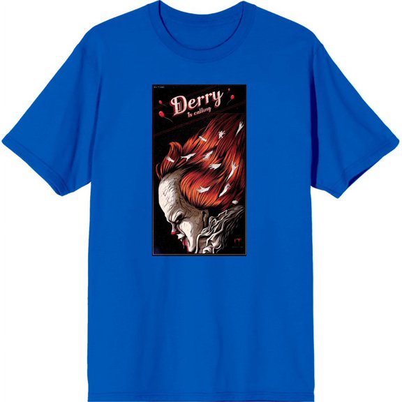 It Chapter 2 Pennywise Derry Fan Poster Men's Blue Crew Neck Short Sleeve Tee-Medium
