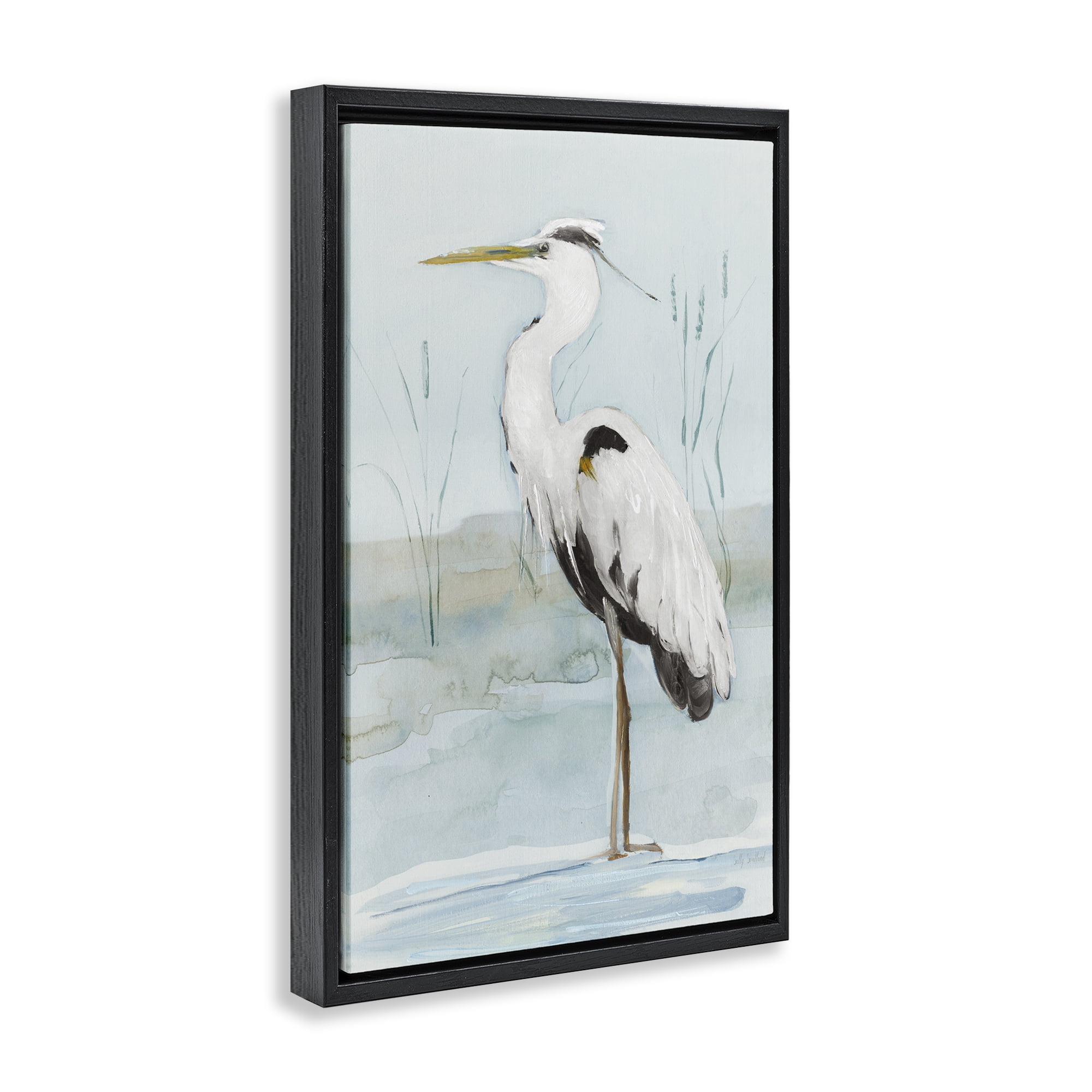 Stupell Industries Standing White Egret Animals Painting Black Floater Framed Canvas Art Print Wall Art, 21 x 31