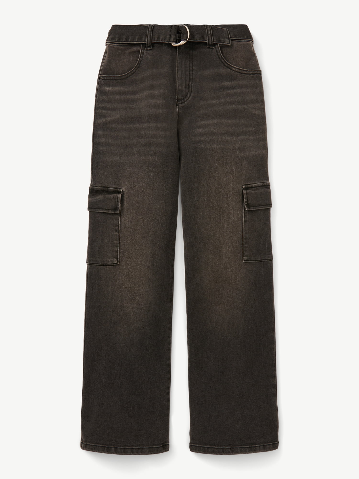 Justice Girls Black Denim Cargo Pants with Belt, Sizes 6-18