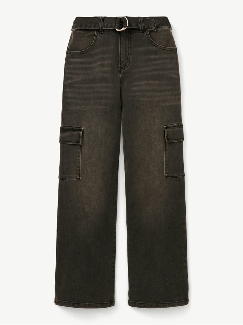 Justice Girls Black Denim Cargo Pants with Belt, Sizes 6-18, Slim