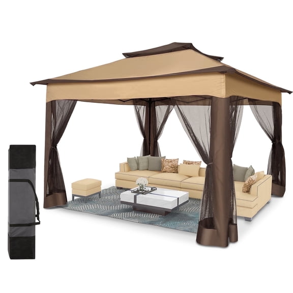 HOTEEL 11' x 11' Outdoor Waterproof Gazebo, Pop-Up Canopy Gazebo with Mosquito Netting & UV Protection for Parties, Camping, Weddings, and Backyard Events, Brown