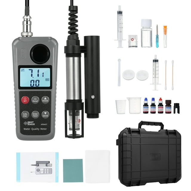 Medidor Digital de Calidad del Agua 6 en 1 SMART SENSOR: Precisión en pH, Oxígeno Disuelto, Amonio, Nitrito, Temperatura y Amoníaco Tóxico. Sonda Incluida, Sin Baterías, Modelo AR8407 en Negro. Ideal