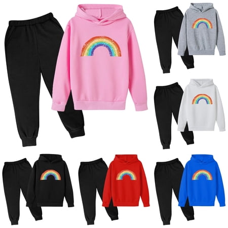 Krdevn Toddler Boys Girls Back To School Clothes Retro Faded Rainbow Graphic Hooded Sweatshirt and Solid Black Stretch Waist Sweatpants 2 Piece Daily Outfit Set 7-8 Years Pink