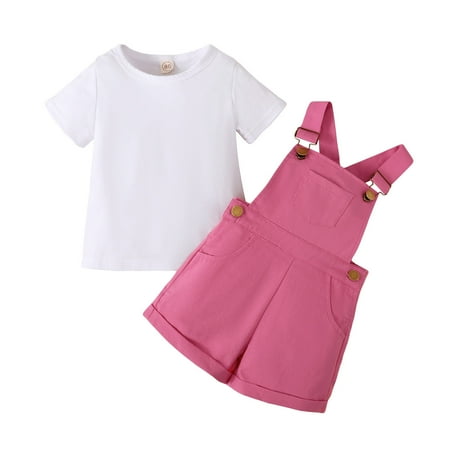

XINSHIDE Toddler Girls Short Sleeve Solid Tshirt Tops Overalls Shorts With Pocket Suspender Trousers Outfits Baby Girl Clothes