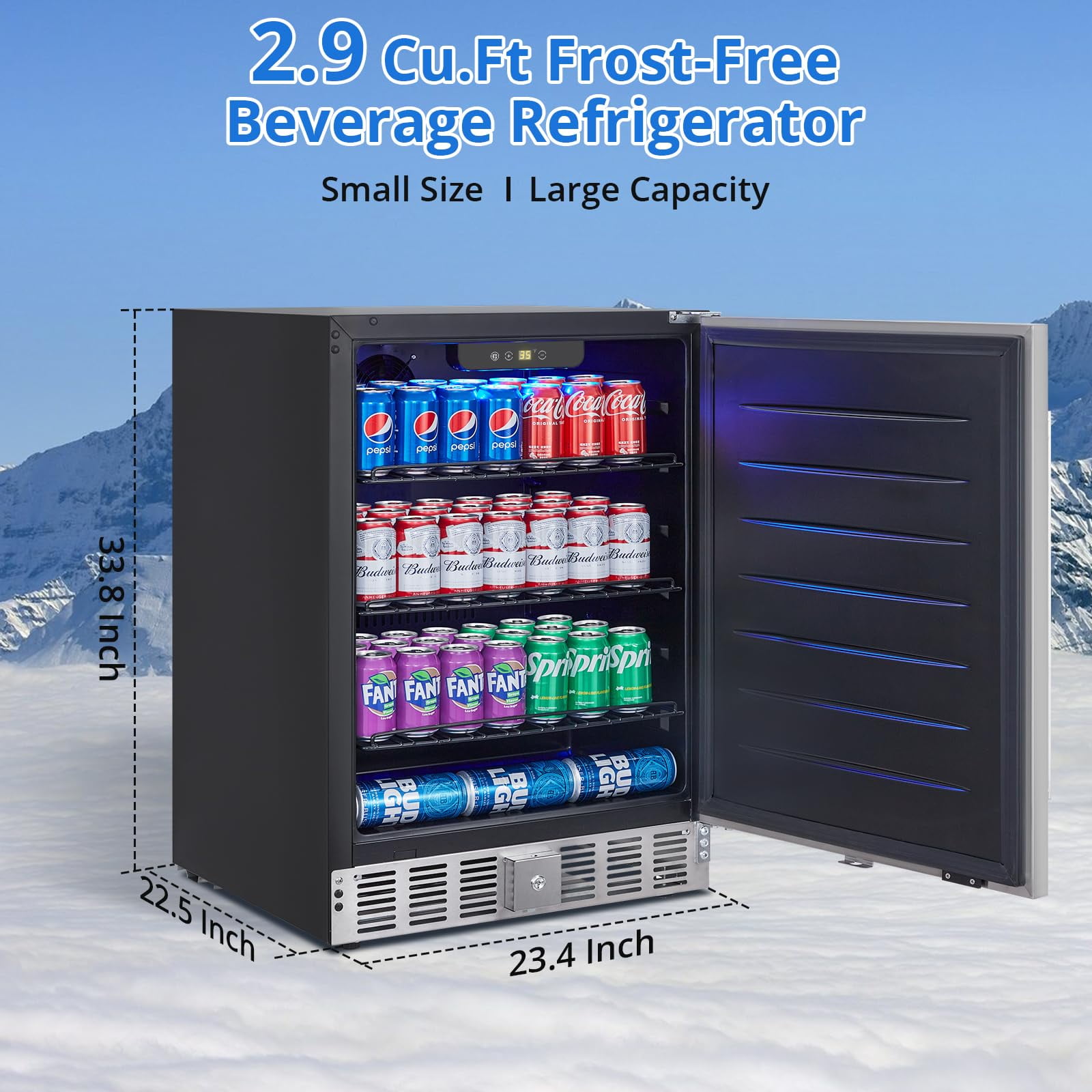 24 Inch Beverage Refrigerator, Weather Proof Stainless Steel Beverage Fridge for Outdoor Kitchen and Patio, Indoor/Outdoor Beverage Cooler for 180 Cans, Built-in/Freestanding