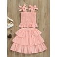 thumbnail image 2 of Seyurigaoka Kid Girl Three-Piece Outfits, Solid Color Sleeveless Tie-Up Ruched Tops + Multi-Layer Sweet Skirt + Bowknot Headband, 2 of 8