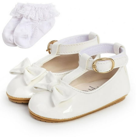 

Infant Baby Girls Soft Sole Bowknot Princess Wedding Dress Mary Jane Flats Prewalker Newborn Baby Sneaker Shoes with Socks 0-18M