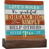 Ceramic Sign 4x4 Inch Home Decor Plaque Sign with Wood Stand Inspirational Decor Wooden Sign For Home Decor Life'S Rules Home Decor Signs Family Room Decor Gift For Women Men