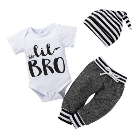 

Uccdo 3Pcs Newborn Baby Boys Little Bro/Dude Clothes Infant Letter Printed Romper Bodysuit +Long Pants +Beanie Cap Outfits Set For 0-18 Months