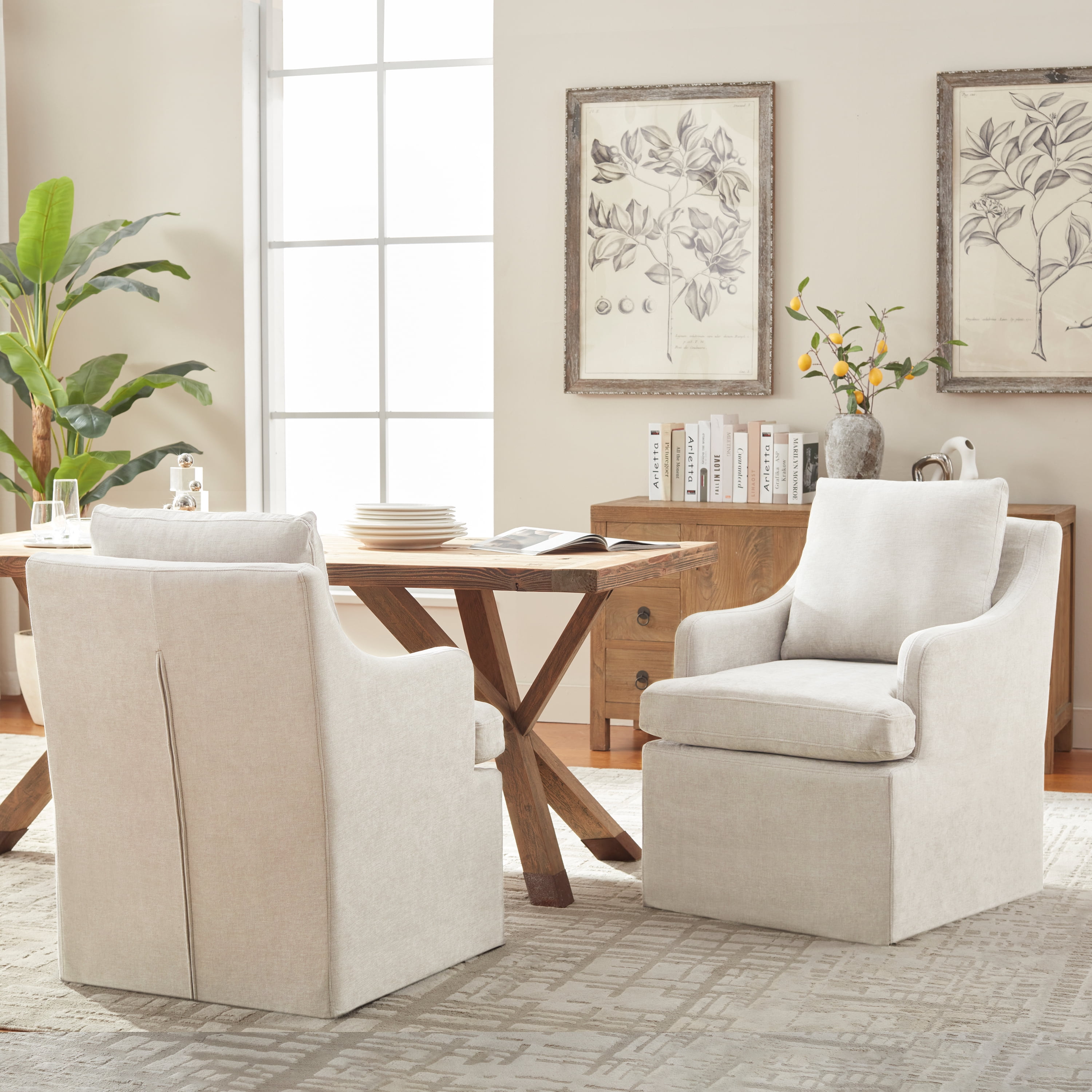Vknow Furniture Minimalist Upholstered Dining Chairs Set of 2 Ergonomic Comfort Dining Arm Chairs for Dining Room, Living Room, Office,Cream