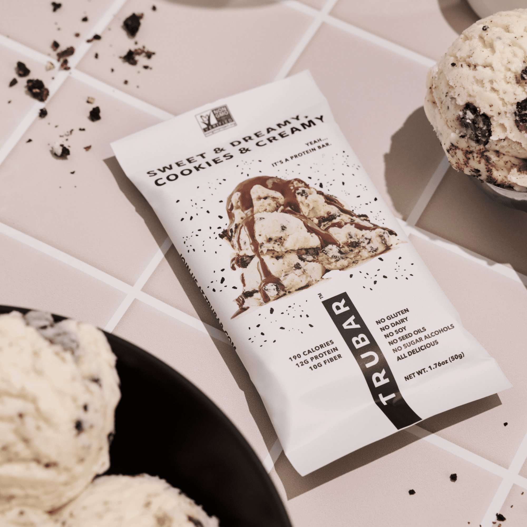 TRUBAR Protein Bar, Cookies & Cream, Plant Based Protein, Vegan, Gluten Free, Kosher, 12 Count (Box)