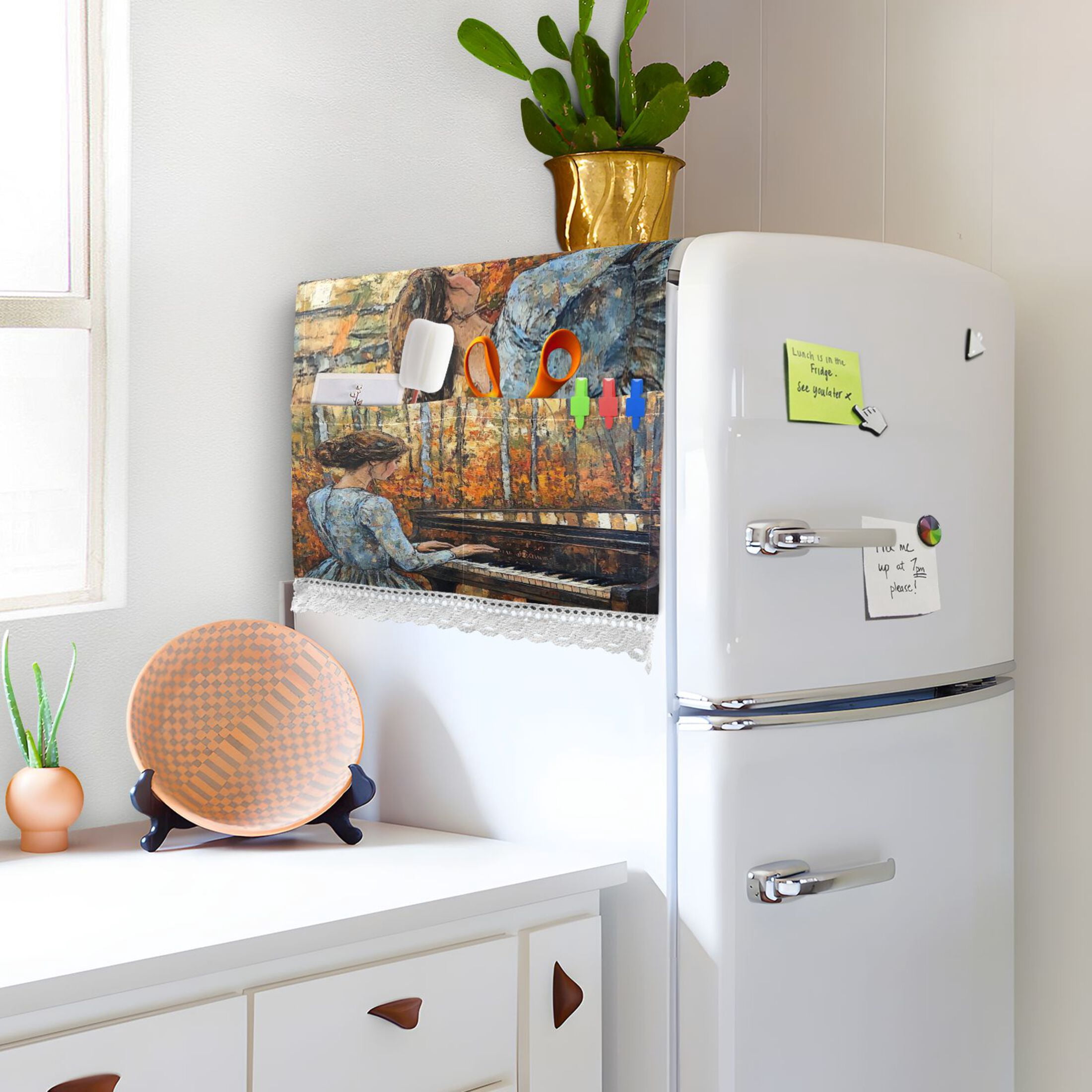 The Girl Plays The PianoWasher and Dryer Covers Dust-Proof and Oil Resistant Fridge Cover with 4 Storage Pockets Washing Machine Top Cover for Laundry Kitchen Home 51.2 x 22 In