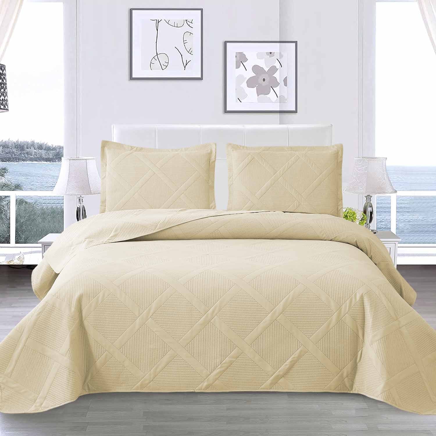 Beartech Solid Color Quilt Set Queen/Full Size Beige Bedspread Coverlet Microfiber Bedding Lightweight Reversible Set,Soft Bedding for All Seasons