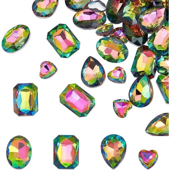 64 Pcs 4 Shapes Pointed Back Rhinestone Glass Rhinestones Gems Colorful Rectangle/Teardrop/Heart/Oval Crystal Jewels Embelishments with Silver Plated Back Faceted Stone for Craft Making