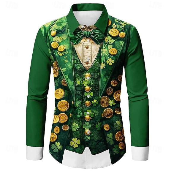 Shirts for Men Saint Patrick's Day Digital Print Long Sleeve Button Lapel Mens Casual Top