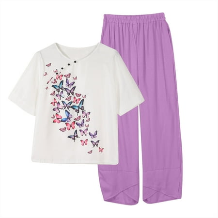 

Ganfancp Pajama Sets for Women Soft 2 Piece Short Sleeve Fashion Casual Loose Pajamas Set Womens Loungewear Sleepwear White M