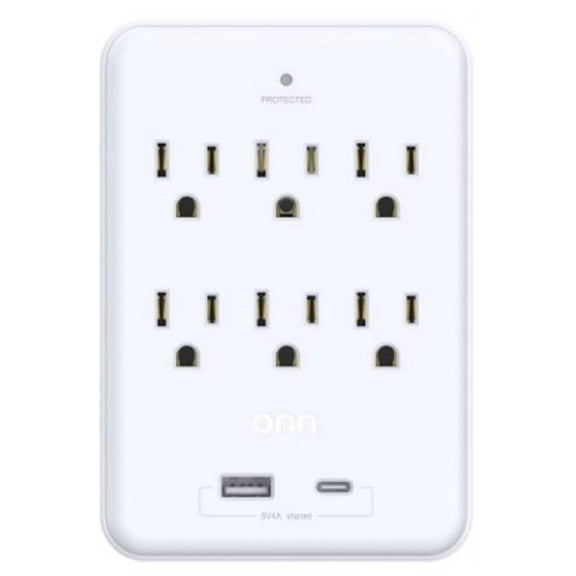 onn Surge Protector Wall Tap with 6 AC Outlets and USB and USB-C Ports, White