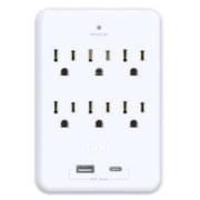 onn Surge Protector Wall Tap with 6 AC Outlets and USB and USB-C Ports, White