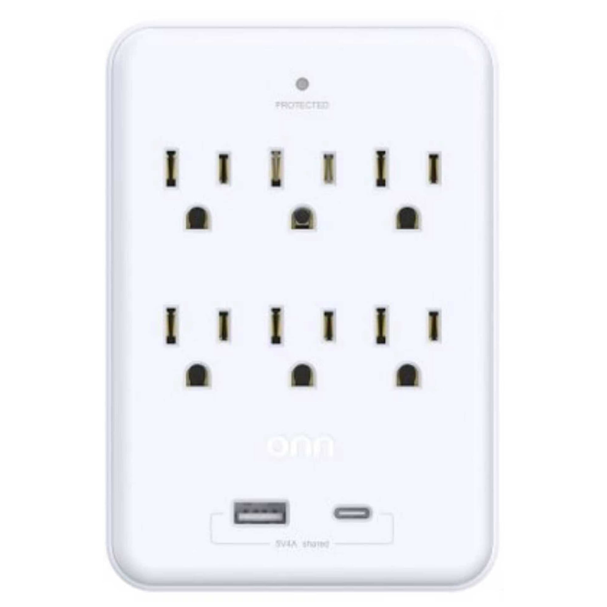 onn Surge Protector Wall Tap with 6 AC Outlets and USB and USB-C Ports, White