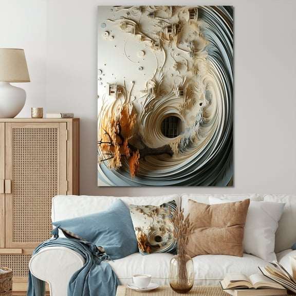 Designart "Feather Spiral in White and Blue III" Geometric Canvas Wall Art - Modern Orange Abstract Geometric Hallway Wall Art Decor