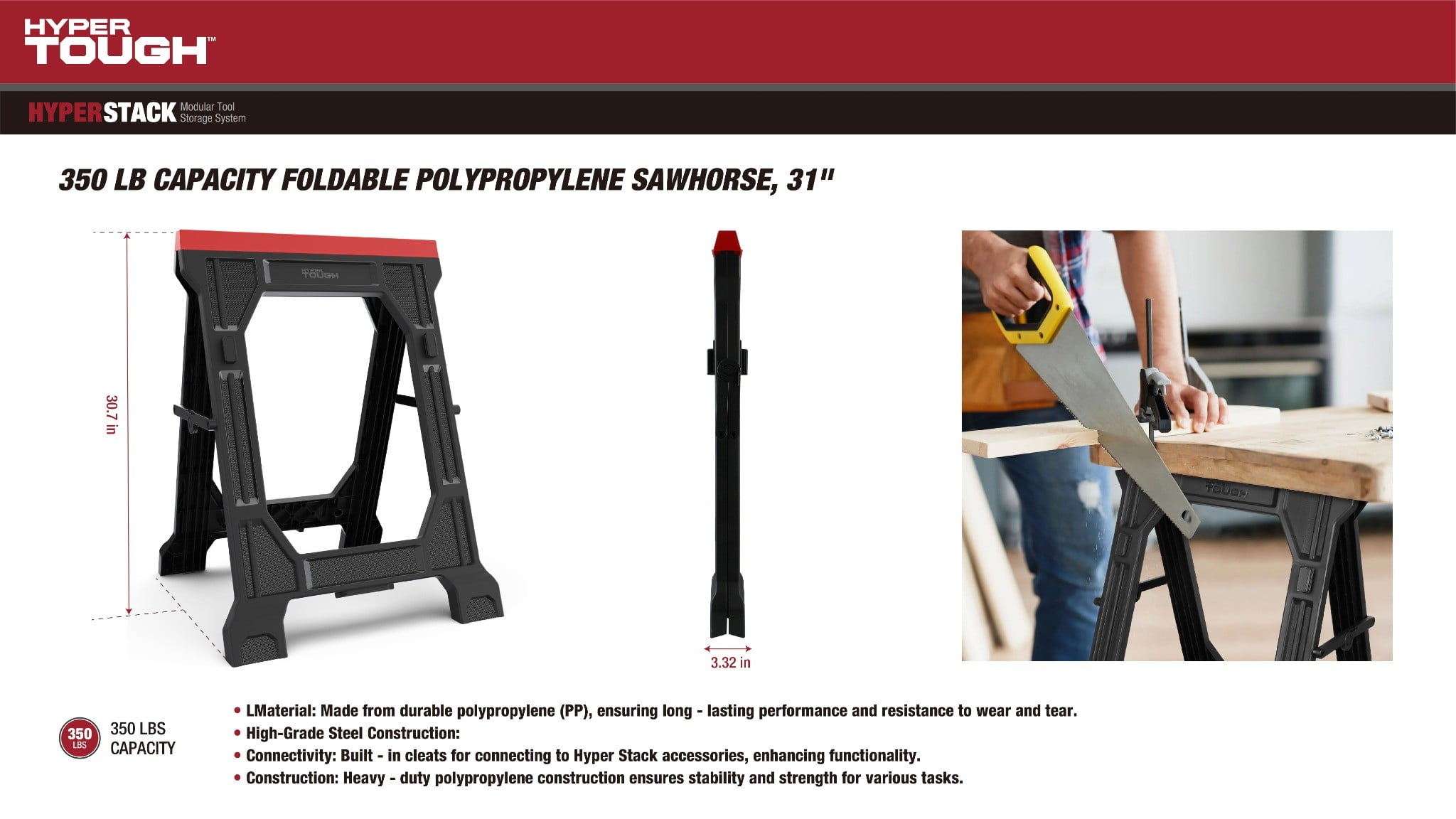 Hyper Tough Hyper Stack 350 lb Capacity Foldable Polypropylene Sawhorse, 31"
