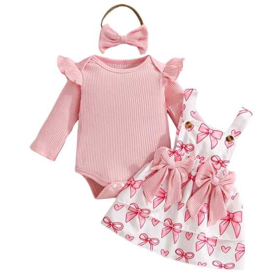 Baby Girl Ruffled Bodysuit Bow Print Overall Dress Headband 3 Piece Outfit Set Infant Clothes 0-18M