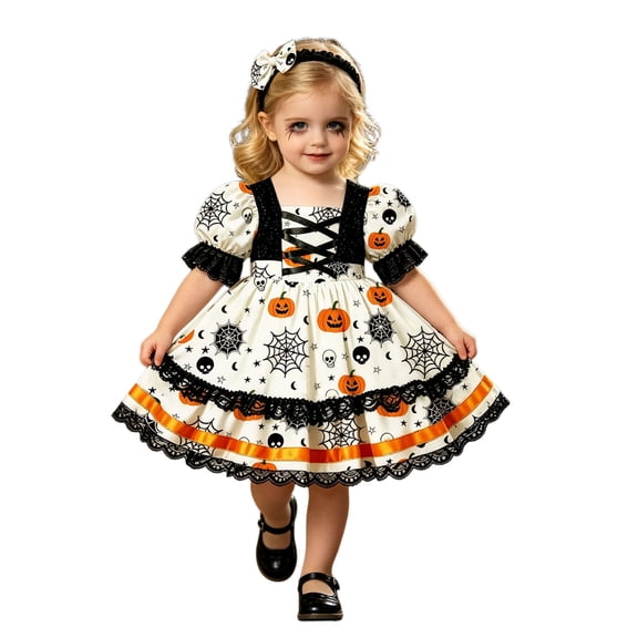 Tfken Soft Dresses Girls Comfy Holiday Travel Halloween Pumpkin Girls Tutu Dresses Lace A Line Party Fashion Children Cute Clothes Size 6-12 Month
