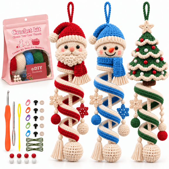 WovWov Crochet Kit for Beginners, 3Pcs Christmas DIY Knitting Kits Beginners Crochet Kit – Includes Step-by-Step Video Tutorials and Extra Yarn, all accessories