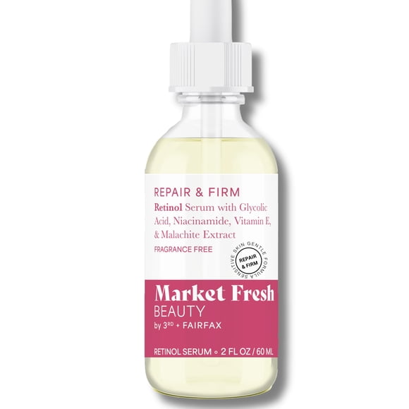 Market Fresh Beauty Retinol Repair & Firm Suero con ácido ferúlico glicólico niacinamida | Sin fragancia | 2 onzas líquidas
