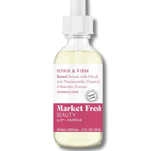 Market Fresh Beauty Retinol Repair & Firm Suero con ácido ferúlico glicólico niacinamida | Sin fragancia | 2 onzas líquidas