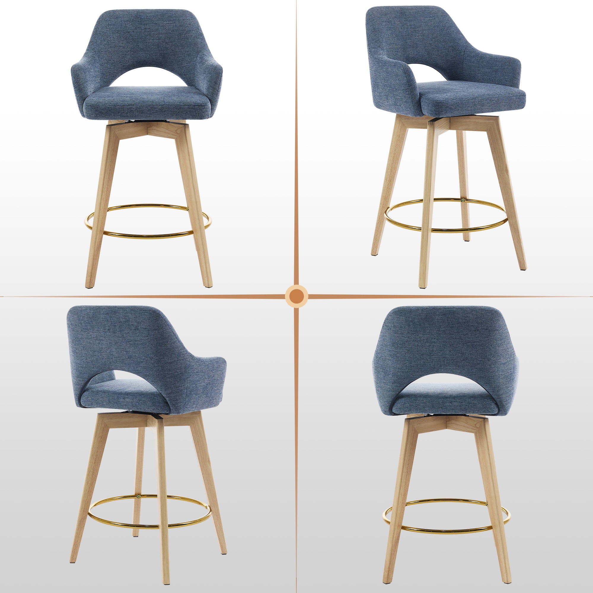 Zesthouse 26.8″ Swivel Counter Height Bar Stools Set of 2, Upholstered Linen Bar Stools with Back and Wood Legs, Mid Century Modern Barstool Island Chairs for Kitchen Counter, Blue