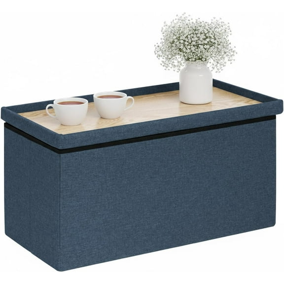 30 Inch Rectangular Linen Storage Ottoman Bench with Tray Top, Dark Blue Folding Ottoman Coffee Table