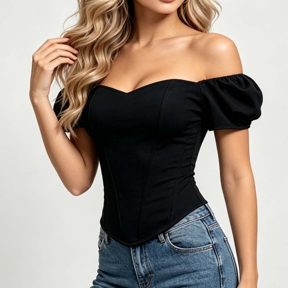 Women's Off Shoulder Corset Top Short Sleeve Sweetheart Neckline Bustier Crop Tops Flattering Bodice for Clubwear Party Halloween Y2K Outfits