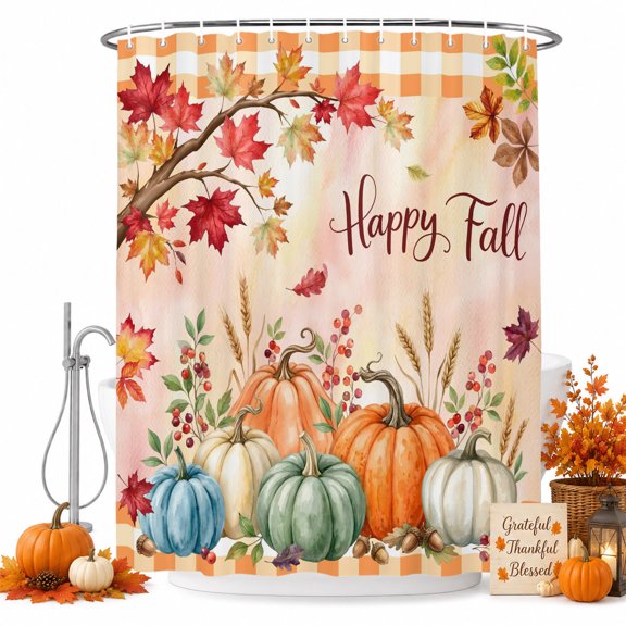 Shower Curtains for Bathroom-36"x72",Happy Fall Pumpkin Maple Leaf Waterproof Bath Curtain Grommet Shower Curtain Set with Hooks