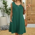 thumbnail image 4 of Women's Dresses Under $10 Summer Solid Pleated Round Neck Sleeveless Pockets Dresses Casual Comfortable All Occasion Wear, 4 of 9