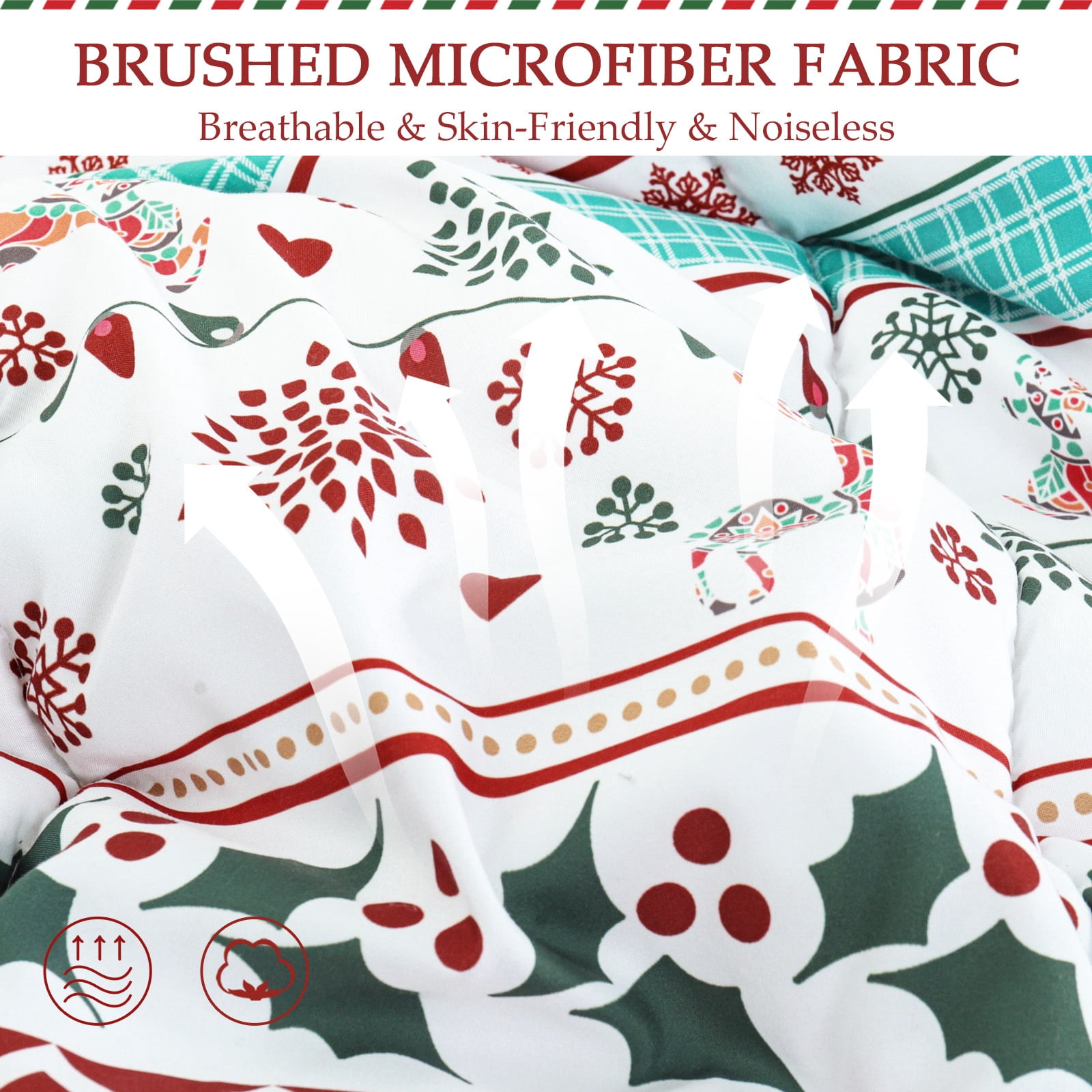 Exclusivo Mezcla Christmas Twin Size Comforter Set, 2 Pieces Reversible Rust Red Striped Bedding Comforters, Printed Flowers Reindeer Pattern
