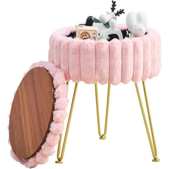 Vanity Stool with Storage, Faux Fur Ottoman Chair with Metal Legs, Round Makeup Vanity Chair for Bedroom or Dressing Table, Modern Small Ottoman Seat (Pink)