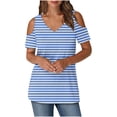 thumbnail image 2 of YHAJDS T Shirts for Women Short Sleeve V Neck Striped Print Off Shoulder Casual Summer Top, 2 of 5
