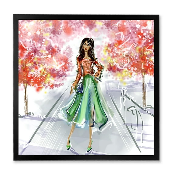 Beautiful Woman Wearing Fashionable Clothes In Park 36 in x 36 in Framed Painting Canvas Art Print, by Designart