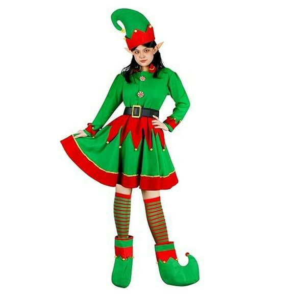 HOWPAY Christmas Elf Costume Women Long Sleeve Helper Mini Dress with Hat Shoes Ears Belt Socks Xmas Holiday Party 8PCS Cosplay Outfits Green M