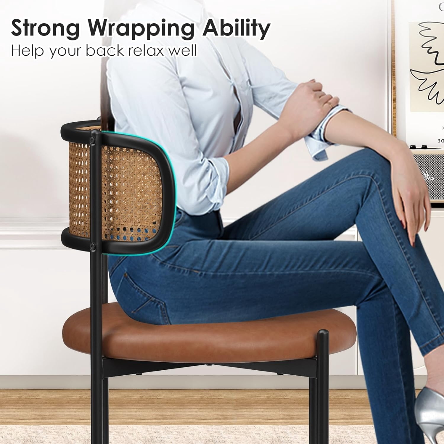 Farini Dining Chairs Set of 4, Upholstered PU Leather & Woven Rattan Side Chairs with Metal Legs for Kitchen, Dining Room, or Cafe, Brown