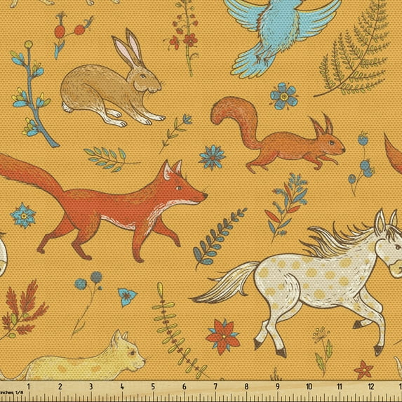 Forest Fabric by the Yard, Natural Pattern on an Orange Background with Sketchy Animals Variety of Plants, Decorative Upholstery Fabric for Sofas Home Accents, 10 Yards, Multicolor by Ambesonne