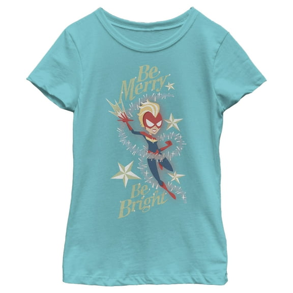 Girl's Marvel Christmas Captain Marvel Merry & Bright  Graphic Tee Tahiti Blue Large