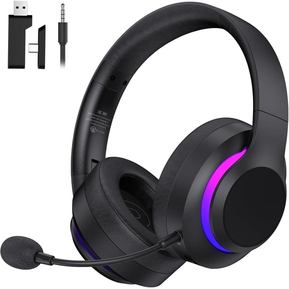 Wireless Gaming Headset for PS5, Foldable 2.4GHz Headphones PS4, Switch, PC, Bluetooth 5.4 with 45H Battery, Noise Canceling Mic, USB-C, RGB Lights - Black