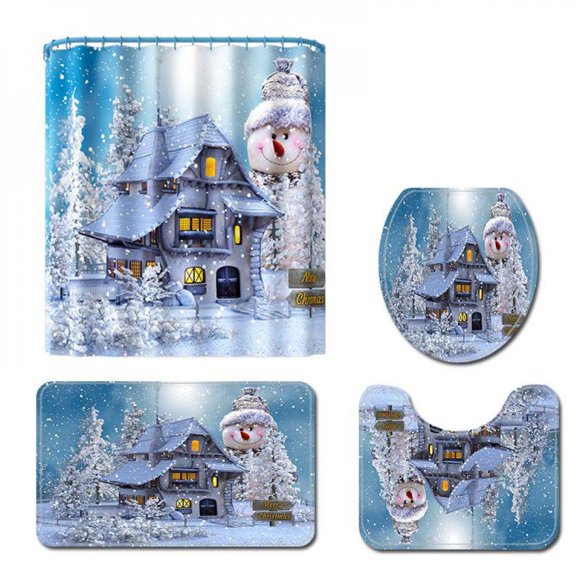Christmas Decorations New White Christmas Decoration 3D Digital Printing Happy Shower Set Bathroom Shower Curtain Bathroom Base Mat Toilet Mat Floor Mat